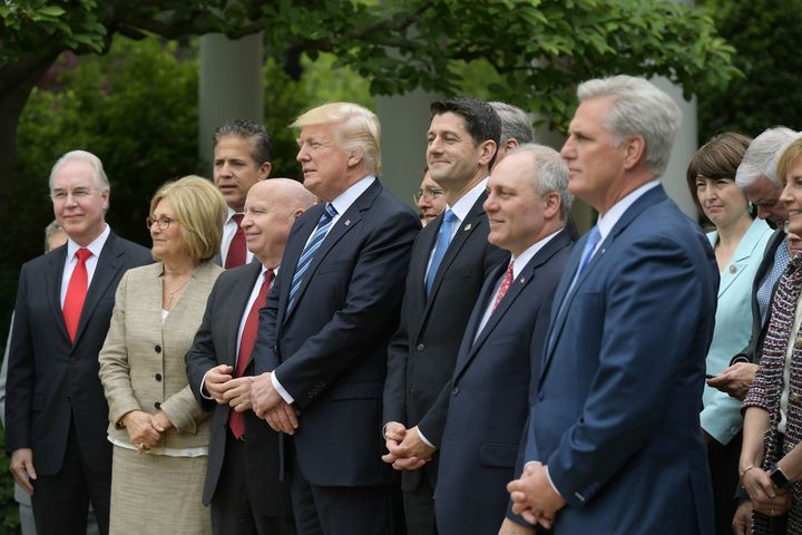 President Donald Trump and Republican House leaders in the Rose Garden following the House of Representative vote on the health care bill on May 4, 2017. Republican critics of the president worry congressional leaders aren't standing up enough to the president.