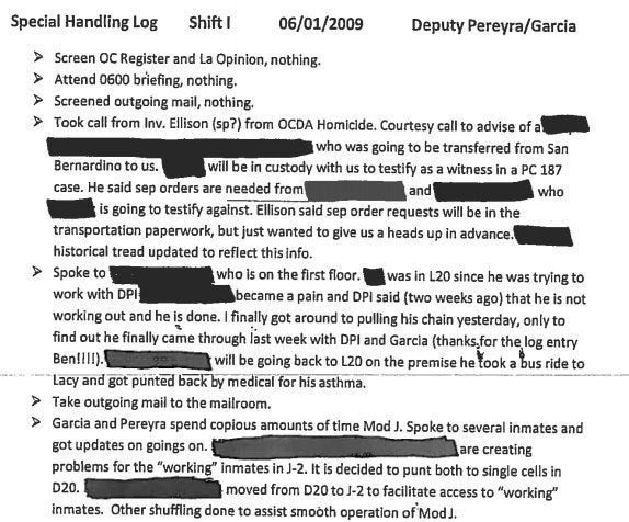 An entry from the Special Handling log maintained by sheriff's deputies describes a section of the jail where informants were housed.