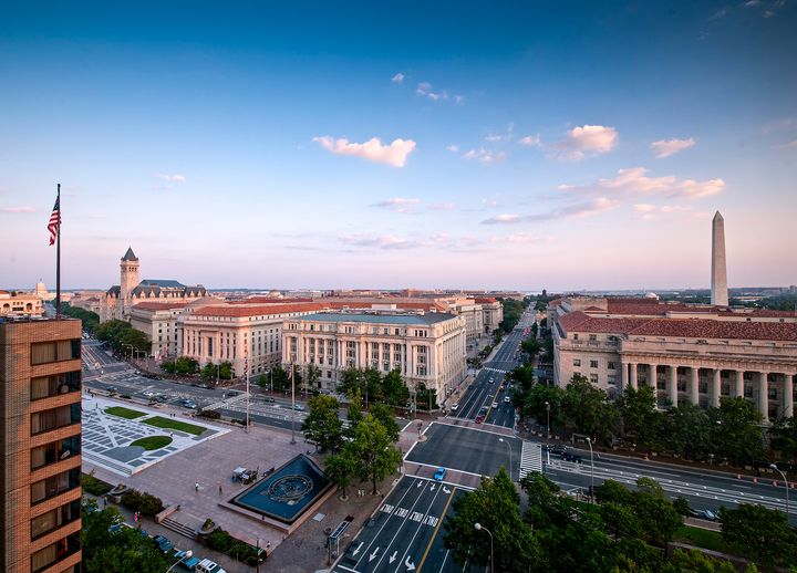 Pennsylvania Avenue, Washington, D.C., showing Pershing Park, lower right, Freedom Plaza, lower left, and the U.S. Capitol, far left.