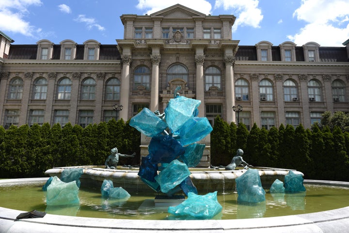 One of the glass pieces by Seattle-based artist Dale Chihuly, titled "Blue Polyvitro Crystals," on display in an exhibition c
