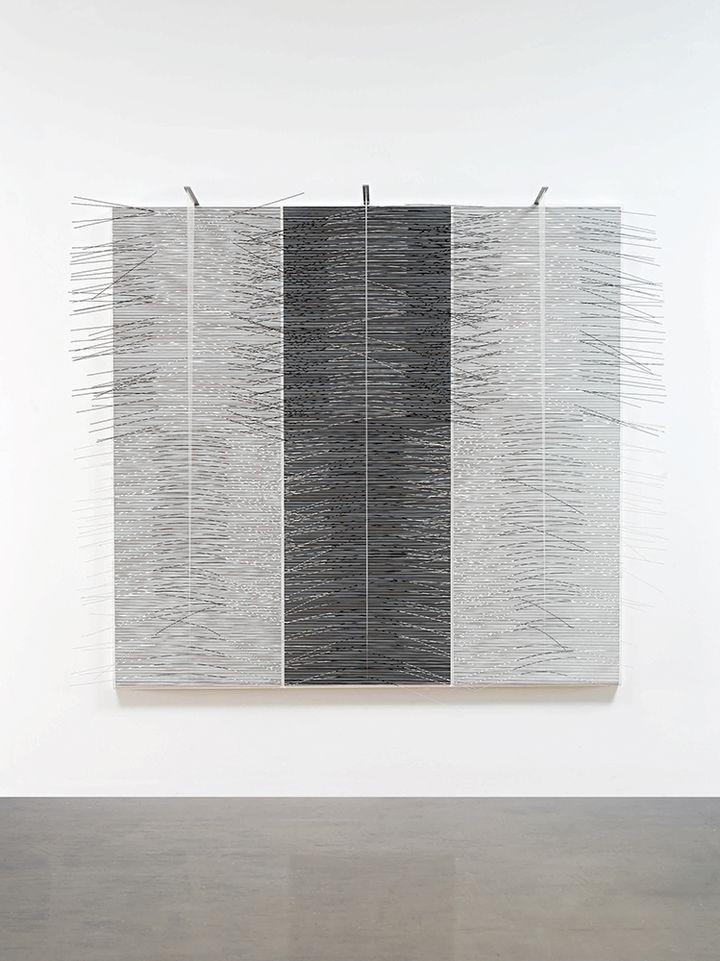 Jesús Rafael Soto, Construcción En Blanco, signed and dated 1974 on the reverse, painted wood with nylon cord and metal wires, 84 by 79 by 3 in. 213 by 201 by 8 cm. Sold at Sotheby's in New York on 25 May 2017 for $816,400 against an estimate of $500,000-700,000.