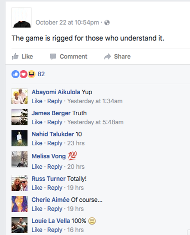 <p>From “O”’s Facebook page, October 22, 2017. We erased his name and profile picture to protect his identity.</p>