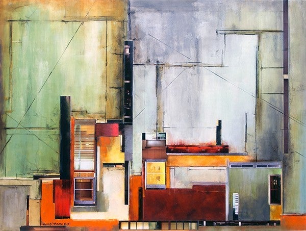 Architectural Relic 35-813, Oil and wax with architectural collage on panel, 30 x 40 inches