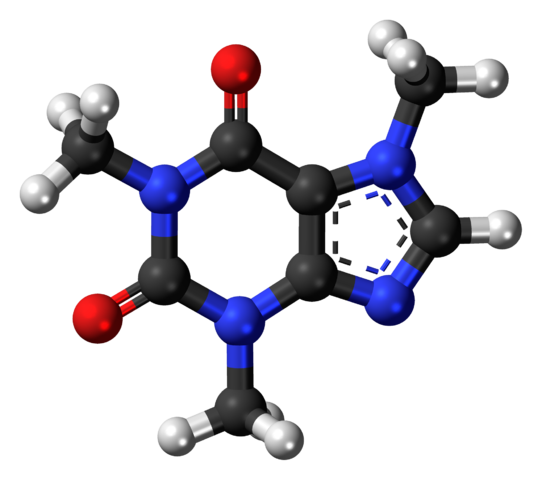 The caffeine molecule in 3D by Jynto (Wikipedia).