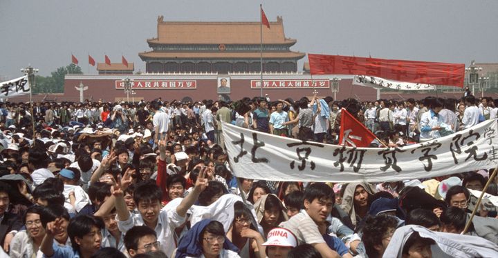 Student activists in Tiananmen Square on 4 June 1989, before the government declared martial law  