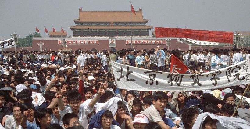 <em>Student activists in Tiananmen Square on 4 June 1989, before the government declared martial law </em>