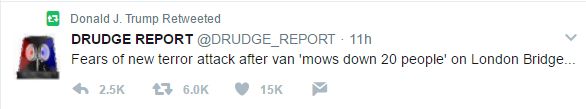 Trump retweeted a message from the Drudge Report shortly after the attack 