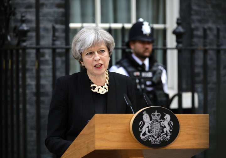 British Prime Minister Theresa May speaks outside 10 Downing Street after an attack on London Bridge and Borough Market left seven people dead.