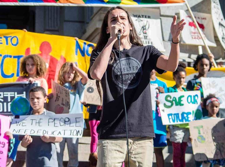 Xiuhtezcatl leading a protest against fracking in his state. 