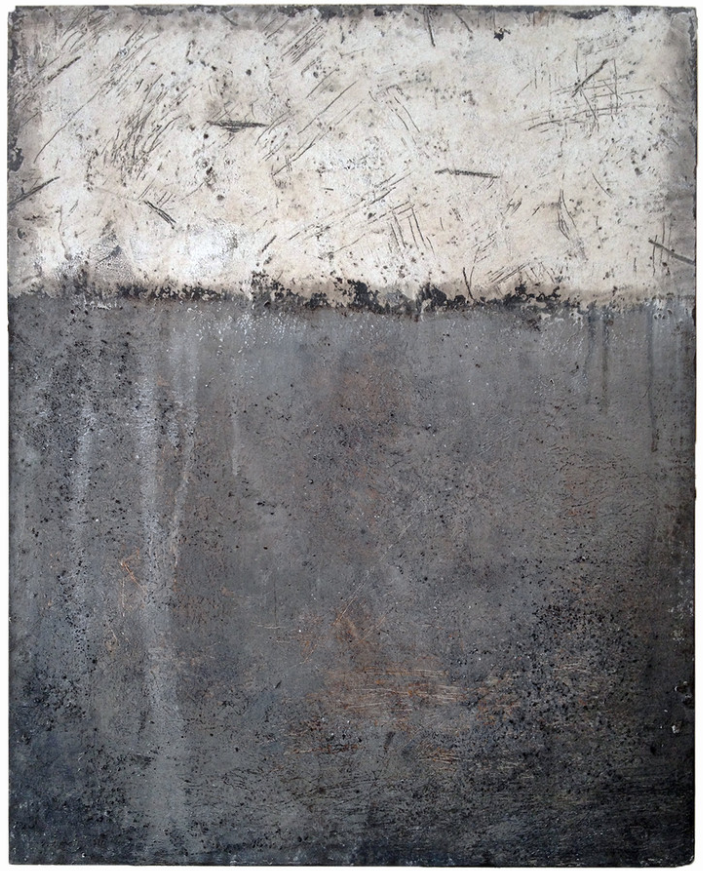 MacArthur Station, 2015, oil, cold wax and dirt on panel, 20 x 16 inches