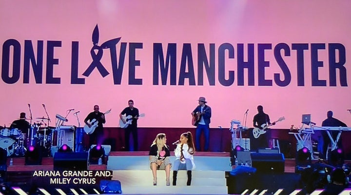 Ariana Grande and Miley Cyrus perform “Don’t Dream It’s Over” at the One Love Manchester concert in Manchester, England on Ju