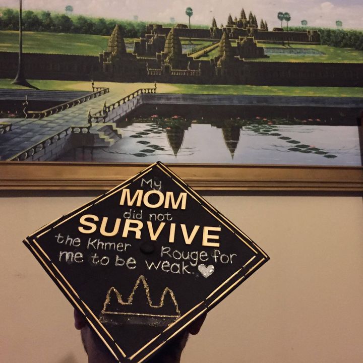 <p>Sevly’s college graduation cap was decorated to honor his mother’s strength in finding the will to survive during the Cambodian genocide and her determination to keep her family together once they moved to Long Beach, California. Sevly stands in front of a painting of the famous Angkor Wat in Cambodia, the largest religious monument in the world.</p>