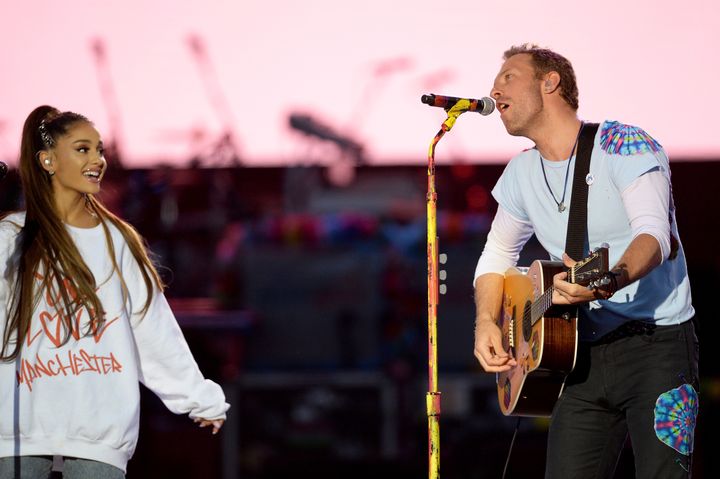Ariana Grande and Chris Martin on stage art the One Love Manchester concert last night.