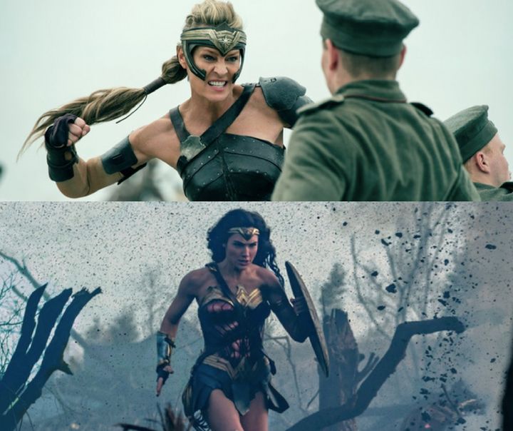 Robin Wright as General Antiope (top) and Gal Gadot as Wonder Woman sprinting through No Man's Land (bottom).&nbsp;