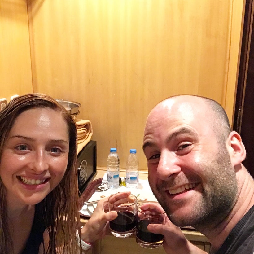 Eating room service in the hotel closet