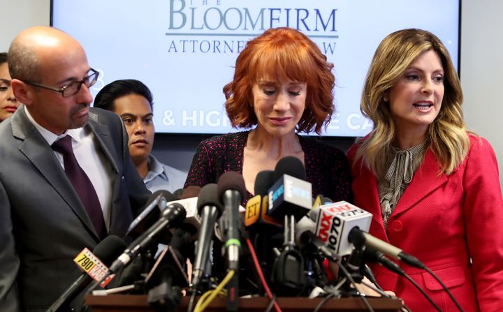 Attorney Dmitry Gorin, Kathy Griffin and attorney Lisa Bloom at Friday's press conference.