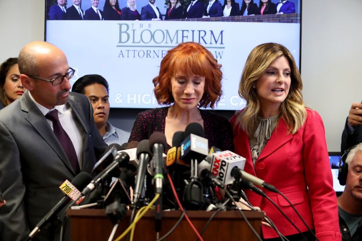 Attorney Dmitry Gorin, Kathy Griffin and attorney Lisa Bloom at Friday's press conference.