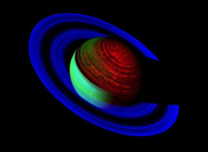 Saturn glows in a false color