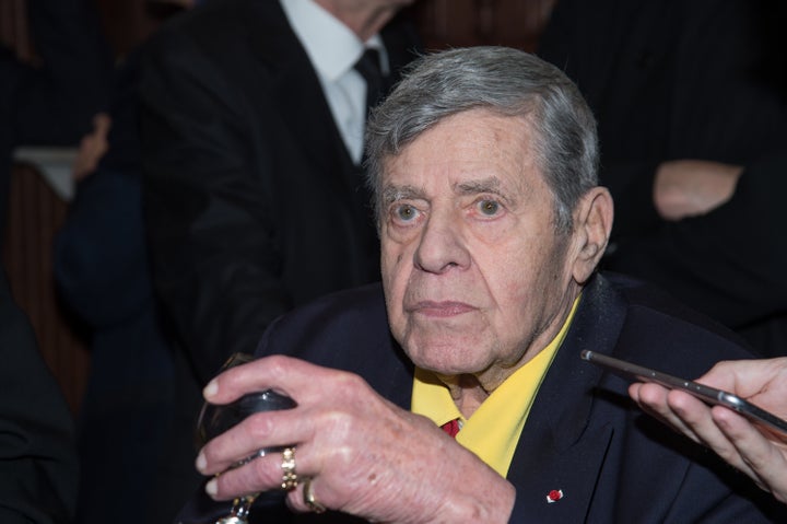 Comedian Jerry Lewis attends a celebration of his 90th birthday at The Friars Club in April 2016 in New York.