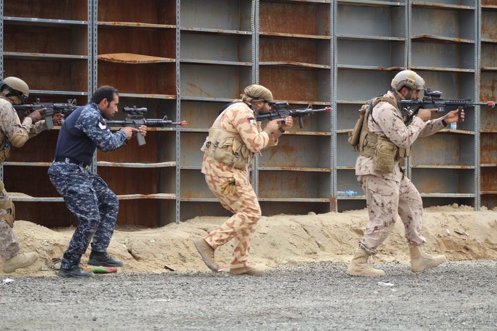 Military personnel from Kuwait, Qatar, Saudi Arabia and the U.S. conduct counter-terrorism drills as part of Eagle Resolve 2017 near Kuwait International Airport, March 28, 2017.