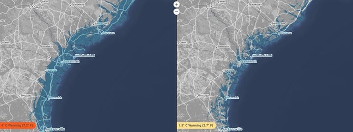 <p>A projected look at rising sea levels should the planets temperature rise 7.2 degrees Fahrenheit (left) and 2.7 degrees Fahrenheit (R).</p>