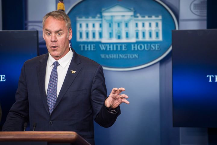Interior Secretary Ryan Zinke speaks during a daily briefing at the White House in Washington, DC in April.