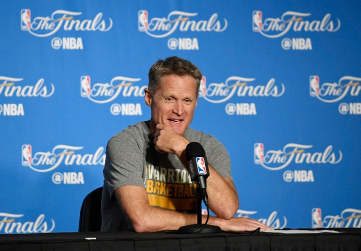 Oakland, CA, USA; Golden State Warriors head coach Steve Kerr speaks at a press conference before game two of the 2017 NBA Fi