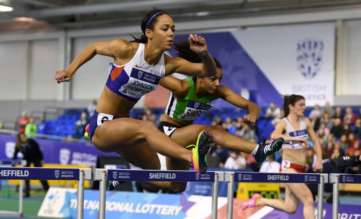 SHEFFIELD, ENGLAND - FEBRUARY 12: Katarina Johnson-Thompson competes in the womens 60 metre hurdles during the British Athletics Indoor Team Trials 2017 at English Institute of Sport on February 12, 2017 in Sheffield, England. (Photo by Gareth Copley/Getty Images) Gareth Copley via Getty Images