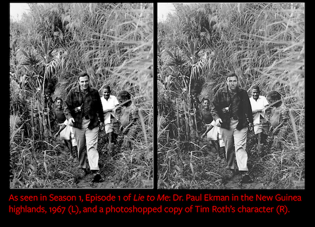 Comparing the original photo of Paul Ekman, left, with the photoshopped version of Tim Roth, right.