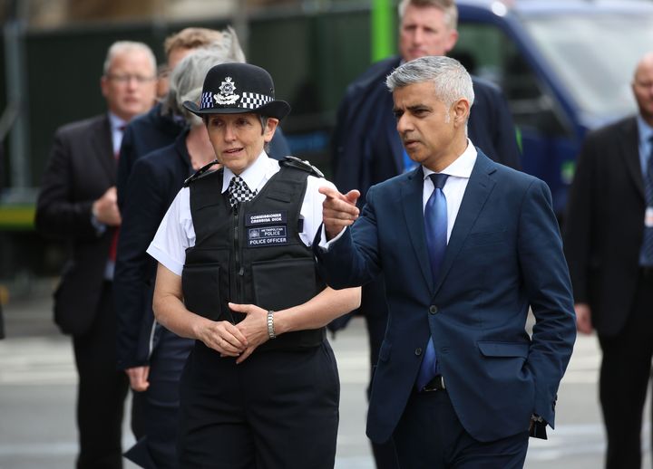 Metropolitan Police Commissioner Cressida Dick and Mayor of London Sadiq Khan visit the scene near London Bridge following Saturday's terrorist attack.
