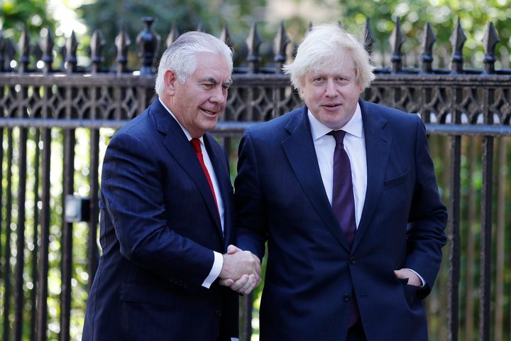 Foreign Secretary Boris Johnson greets US Secretary of State Rex Tillerson, prior to talks at 1 Carlton Gardens, in central London.