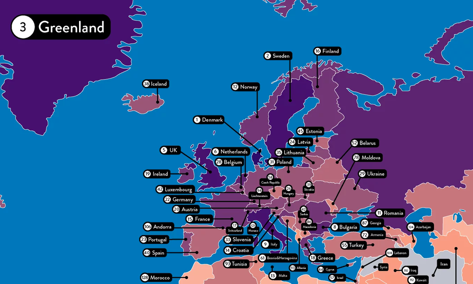 The ranking of countries in Europe.