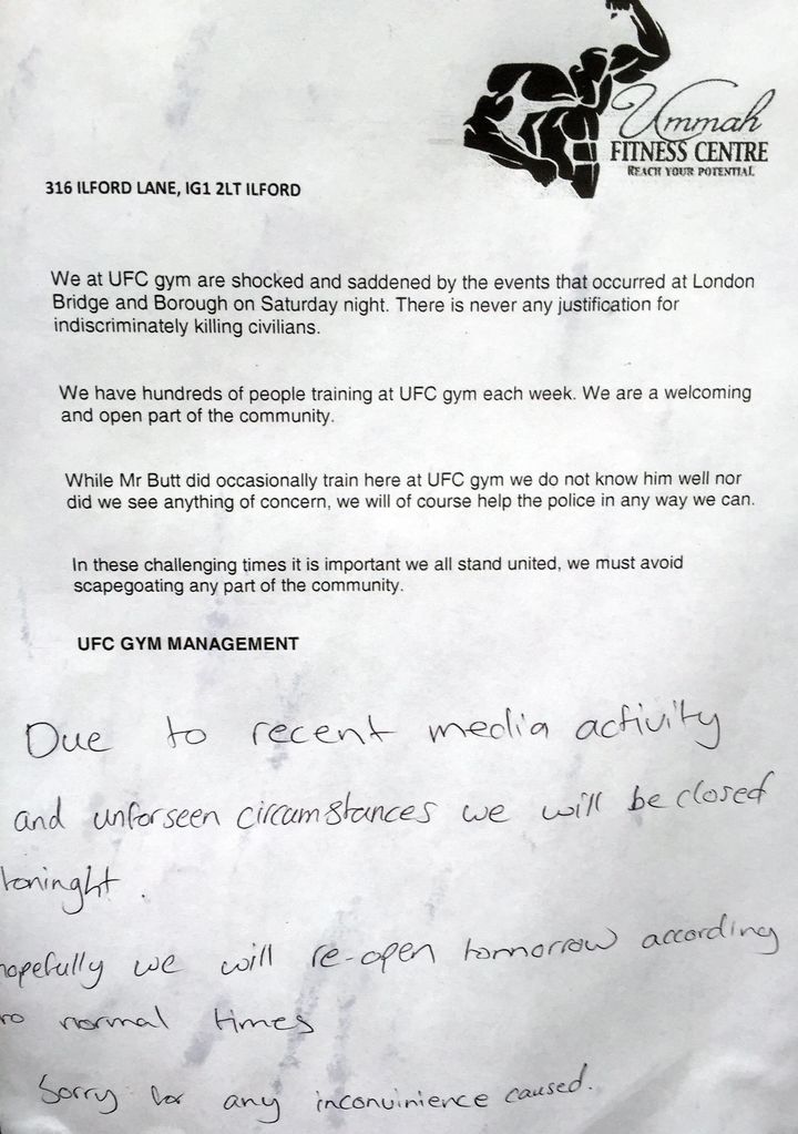 A statement posted on the door of Ummah Fitness Centre in Ilford, where Butt trained
