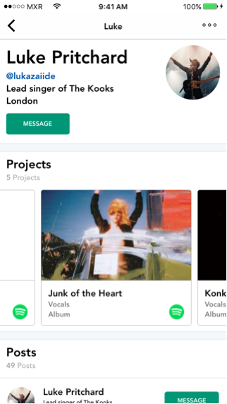 <p><em>With app integrations like Spotify, Soundcloud, or Vimeo, members can discover other members projects</em> </p>