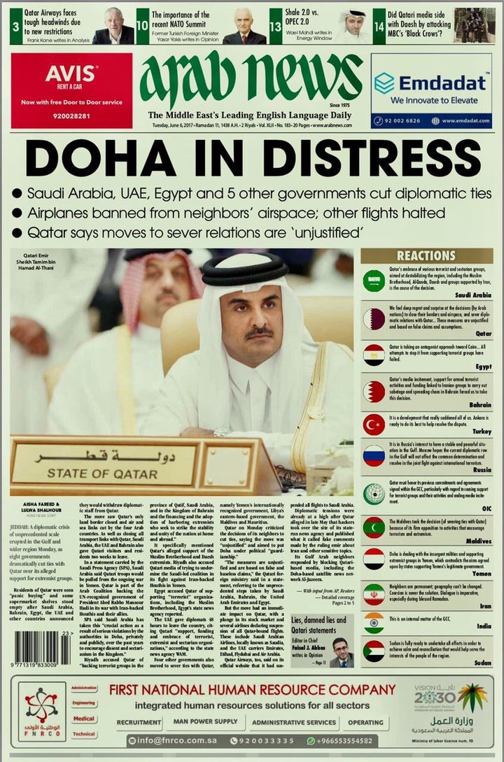 <p>Arab News’ front page on the GCC-Qatar rift, June 6, 2017.</p>