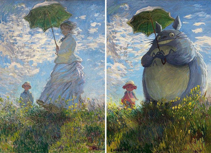 “Woman with a Parasol” by Claude Monet reimagined with Chu Totoro.