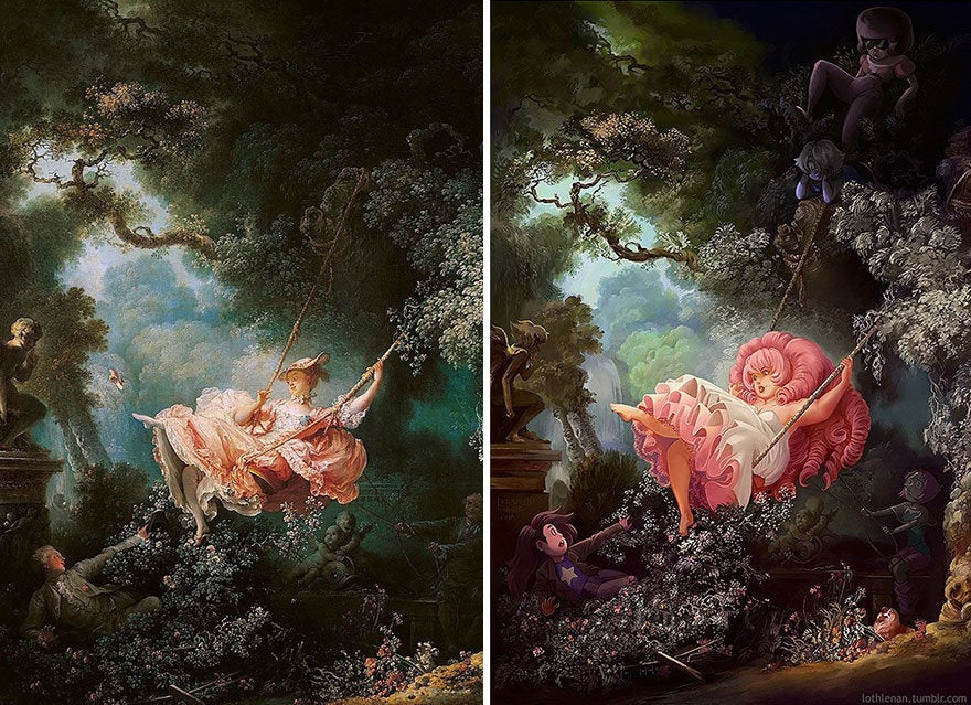 "The Swing" by Jean-Honoré Fragonard reimagined with Rose Quartz from “Steven Universe.”