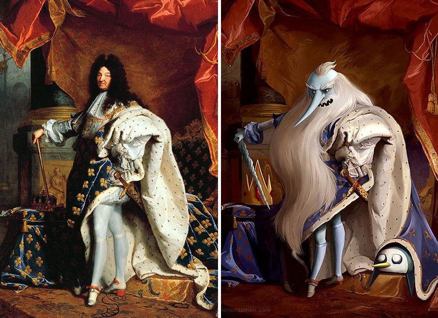 “Portrait of Louis XIV” by Hyacinthe Rigaud reimagined with Ice King from “Adventure Time.”