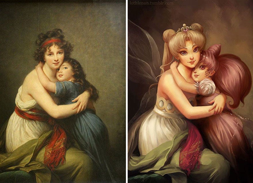 “Self-portrait with Her Daughter” by Élisabeth Louise Vigée Le Brun reimagined with Sailor Moon and Rini.