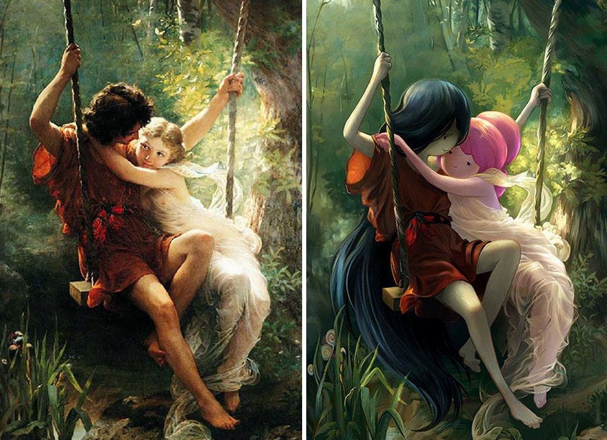 "Lovers on a Swing" by Pierre Auguste Cot reimagined with Princess Bubblegum and Marceline from “Adventure Time.”