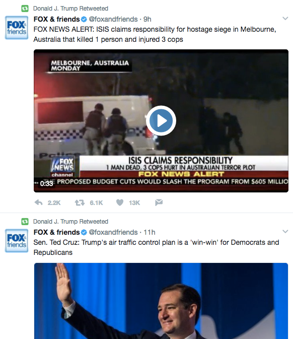 Just on Tuesday morning, Trump re-tweeted two clips from "Fox and Friends."