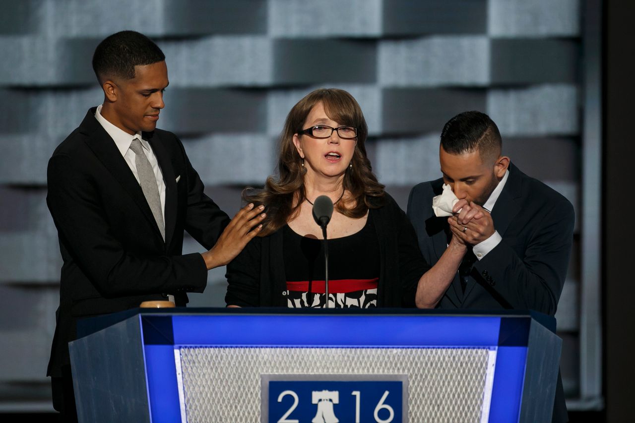 PHILADELPHIA, PA. -- WEDNESDAY, JULY 27, 2016: Brandon Wolf, from left, Christine Leinonen and Jose Arraigada at the 2016 Democratic National Convention, in Philadelphia, Pa.