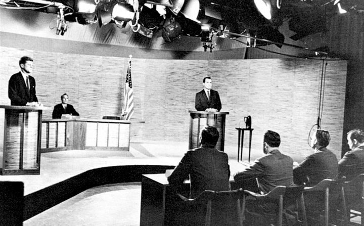 John F. Kennedy and Richard M. Nixon during the second of the four presidential debates held during the 1960 presidential election. This debate took place on October 7 in Washington D.C. at NBC's WRC-TV studios.