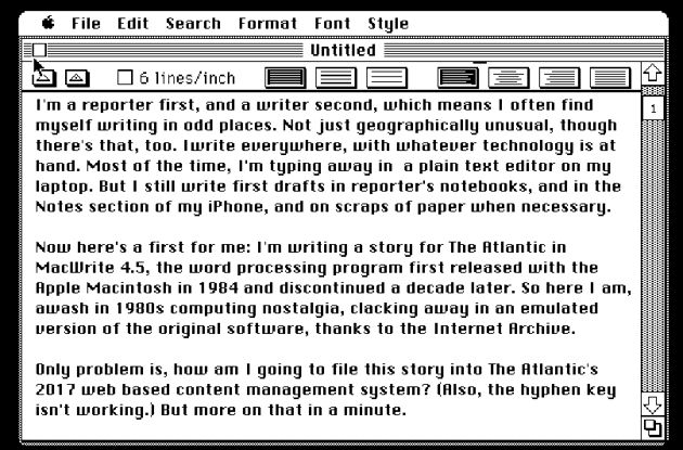 I started writing this article in the a MacWrite emulator, a simulation of 1984. 