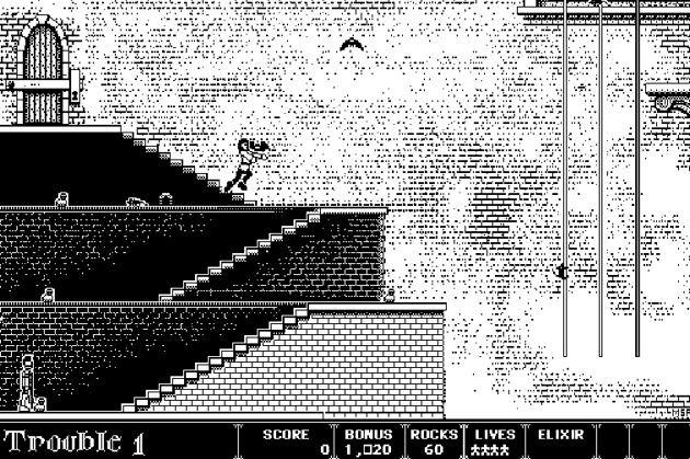 Screen shot of Dark Castle, as played in the Internet Archive’s emulator. 