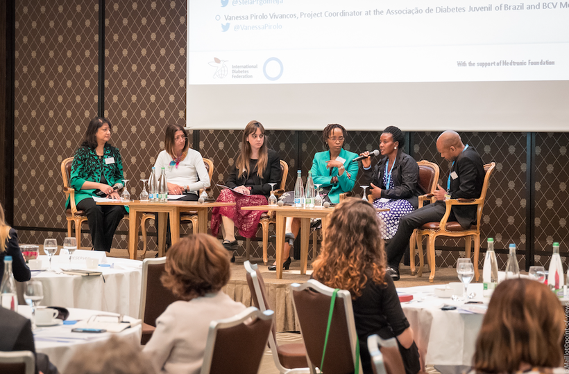 Speaker panel: left to right, Moderator Paurvi Bhatt, Sr. Dir Global Health Medtronic Foundation; Stela Prgomelja, VP Serbian