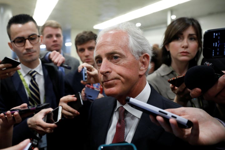 Sen. Bob Corker (R-Tenn.), unamused, talks to reporters about President Donald Trump's latest Twitter rant.