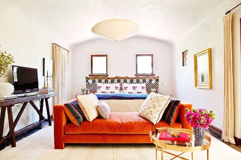 Color Of The Month Orange Huffpost Above A Living Room By Frances Merrill Of Reath Design Draws On The Orange To Draw Eye Fantastic Sofa As Seen In Mydomaine