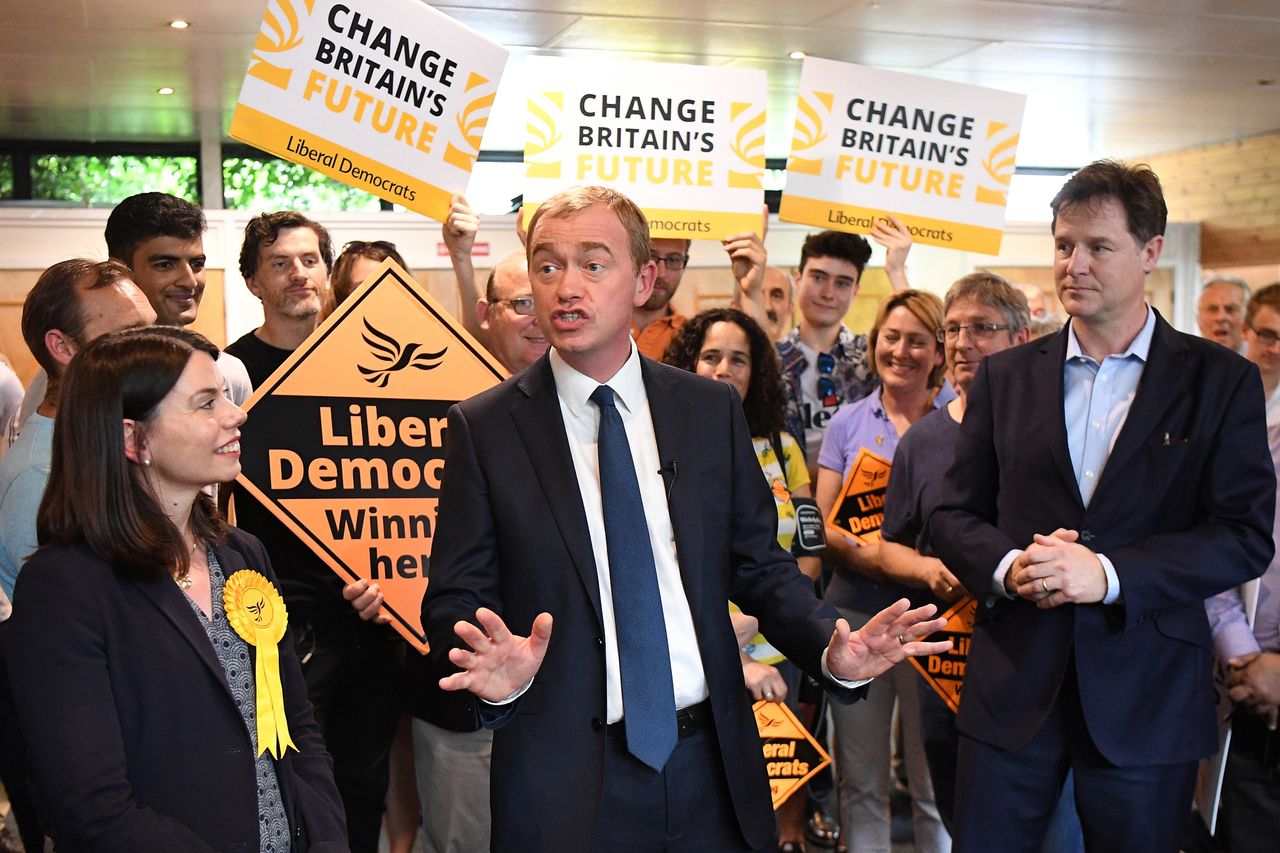Lib Dem leader Tim Farron speaks at a campaign event with Nick Clegg and Lib Dem MP for Richmond Park Sarah Olney.
