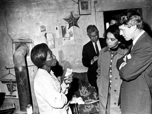 Robert F Kennedy and Marian Wright Edelman (to his right) visiting the Mississippi Delta on April 11, 1967